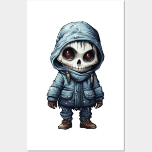 The figure of a ghoulish skull girl in a mask, wearing a cloak, perfect for Halloween, covered with snow ! Posters and Art